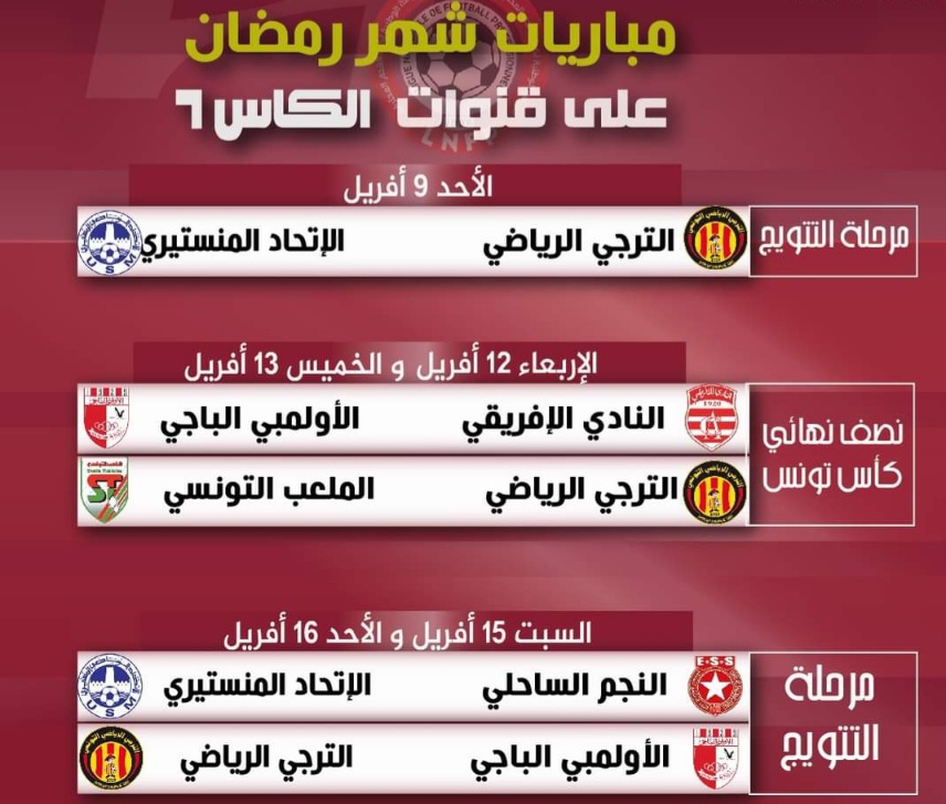 قنوات الكأس تكشف عن برنامج النقل التلفزي لمباريات كأس وبطولة تونس