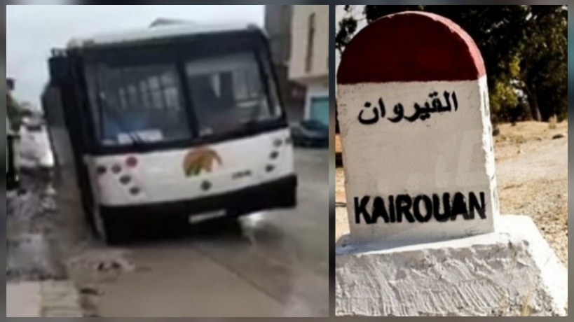  القيروان..حافلة مدرسية تغرق جزئيا بحاشية الطريق بسبب توسع حفرة أشغال بفعل الأمطار