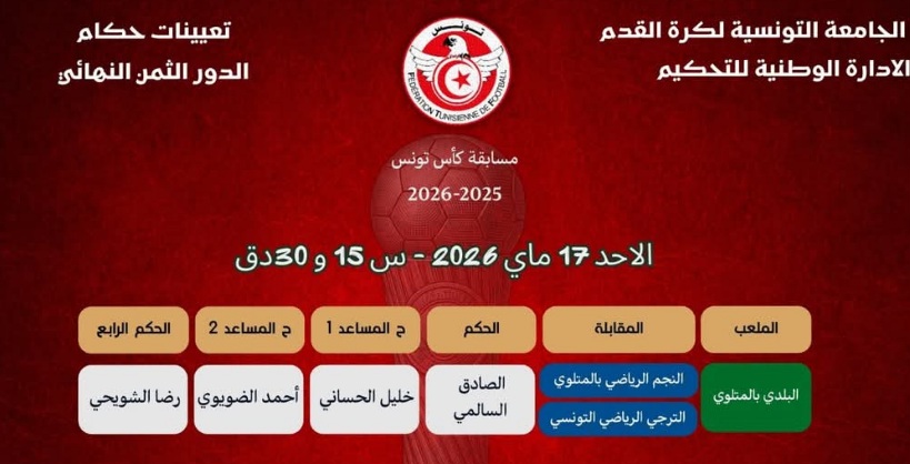 كأس تونس لكرة القدم.. الصادق السالمي حكما لمباراة المتلوي و الترجي 
