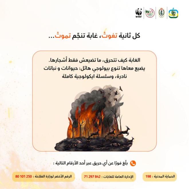"كل ثانية تفوت، غابة تنجم تموت" شعار حملة تحسيسية تدعو إلى حماية الغابات وسرعة التبليغ عن الحرائق